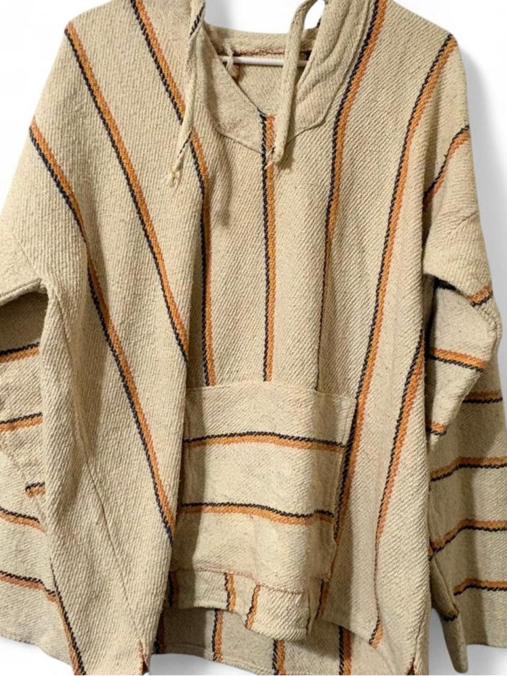 Mens Beige Striped Pullover 1970s Mexican Baja Hoodie XL
